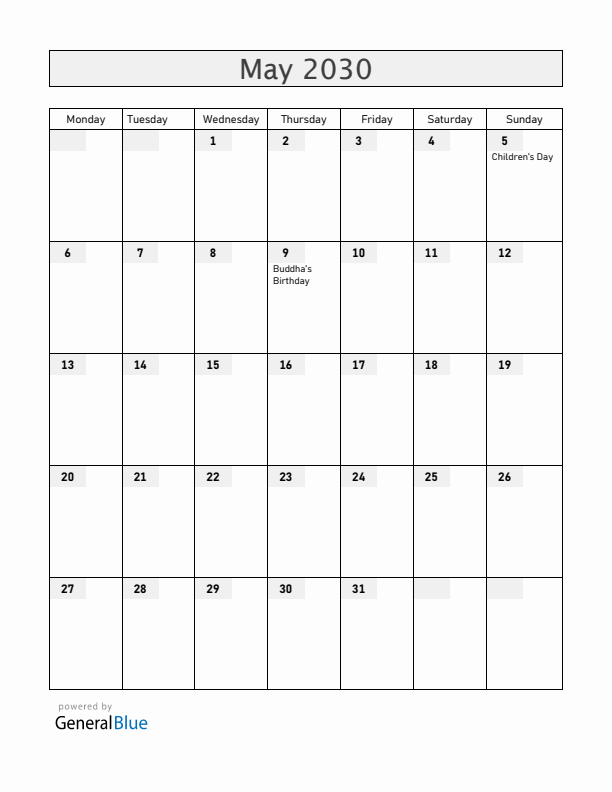 South Korea May 2030 Calendar with Holidays