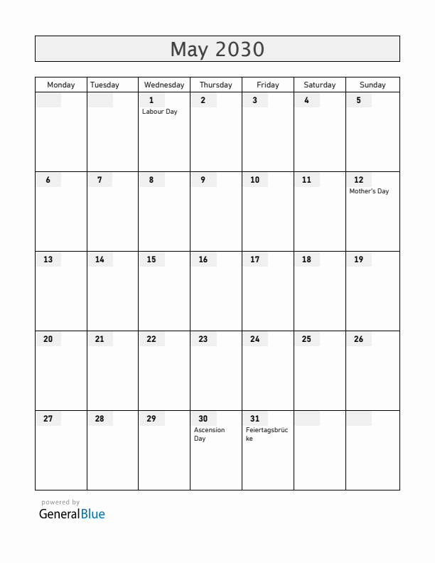 Liechtenstein May 2030 Calendar with Holidays