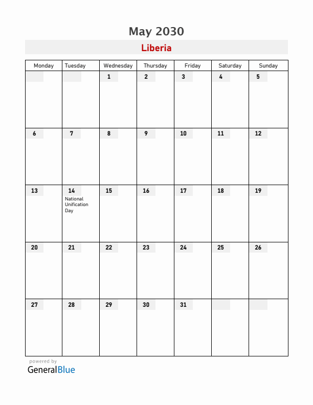 Liberia May 2030 Calendar with Holidays