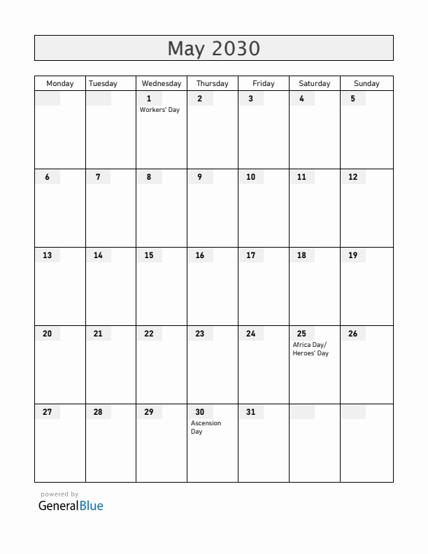 Lesotho May 2030 Calendar with Holidays