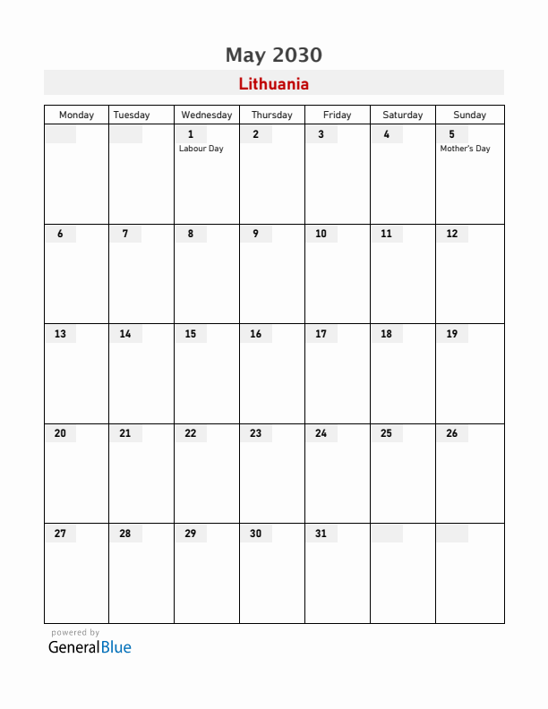 Lithuania May 2030 Calendar with Holidays