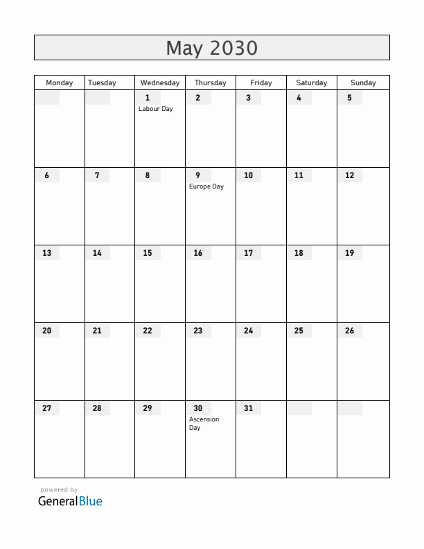Luxembourg May 2030 Calendar with Holidays