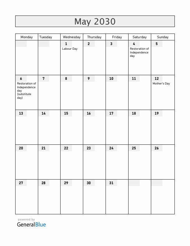 Latvia May 2030 Calendar with Holidays
