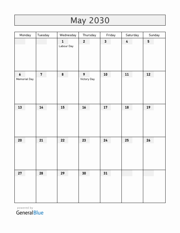 Moldova May 2030 Calendar with Holidays