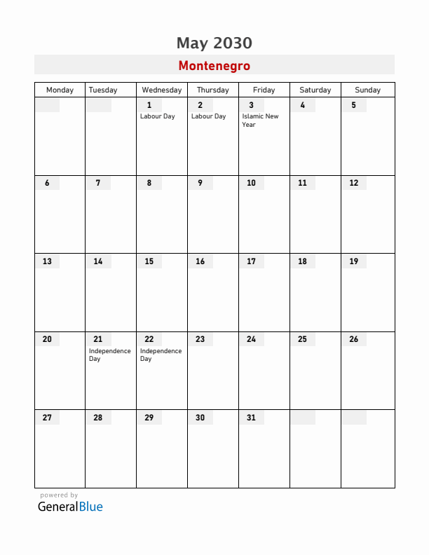 Montenegro May 2030 Calendar with Holidays