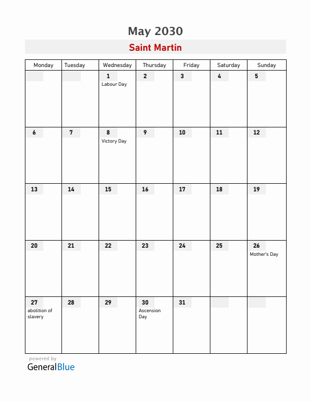 Saint Martin May 2030 Calendar with Holidays