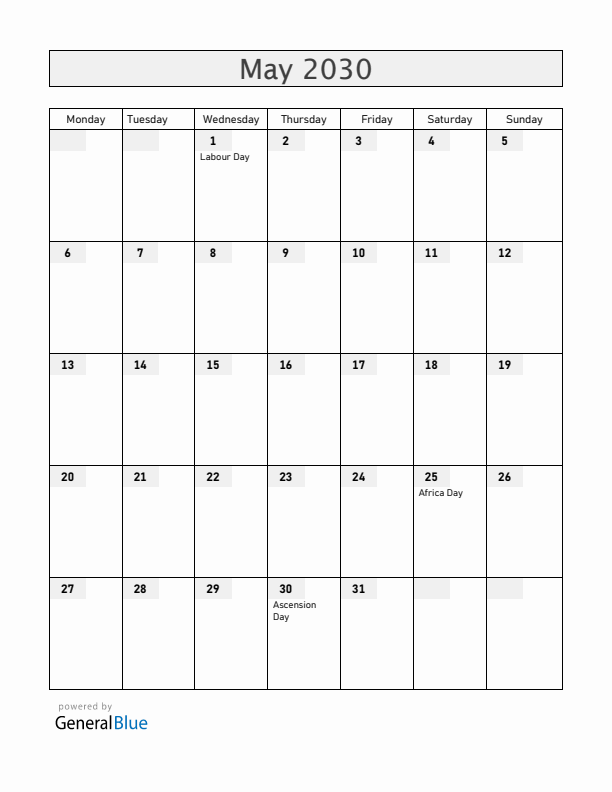 Madagascar May 2030 Calendar with Holidays