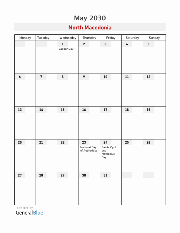 North Macedonia May 2030 Calendar with Holidays