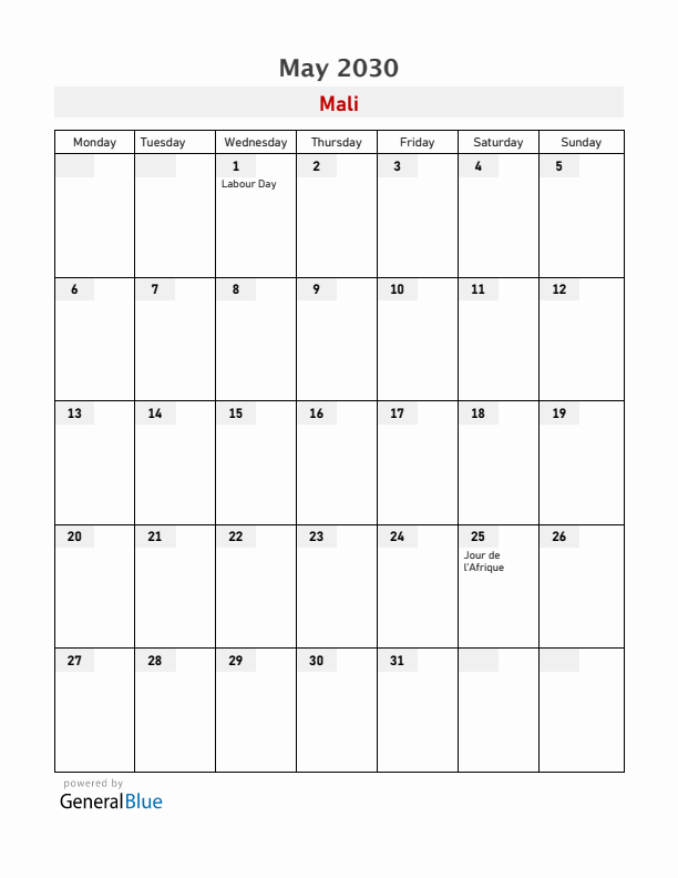 Mali May 2030 Calendar with Holidays