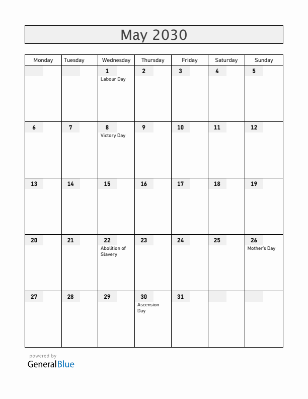 Martinique May 2030 Calendar with Holidays