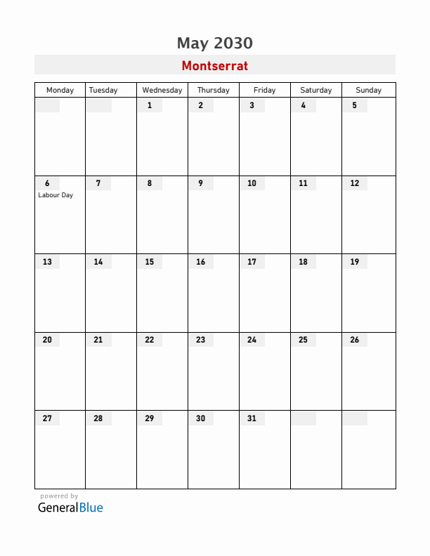 Montserrat May 2030 Calendar with Holidays