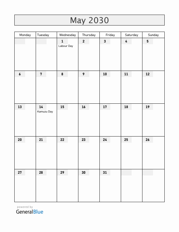 Malawi May 2030 Calendar with Holidays