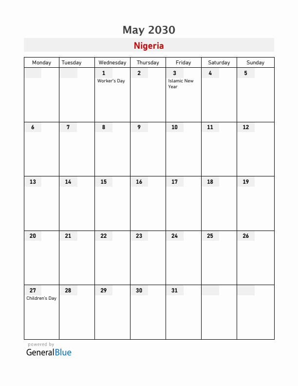 Nigeria May 2030 Calendar with Holidays