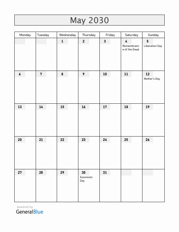 The Netherlands May 2030 Calendar with Holidays