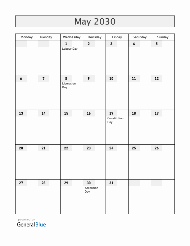 Norway May 2030 Calendar with Holidays