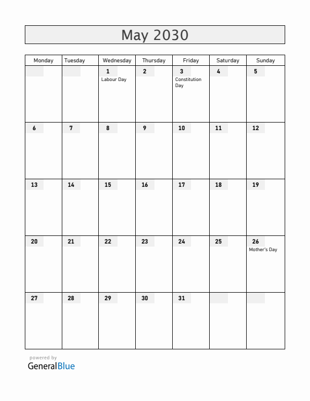 Poland May 2030 Calendar with Holidays
