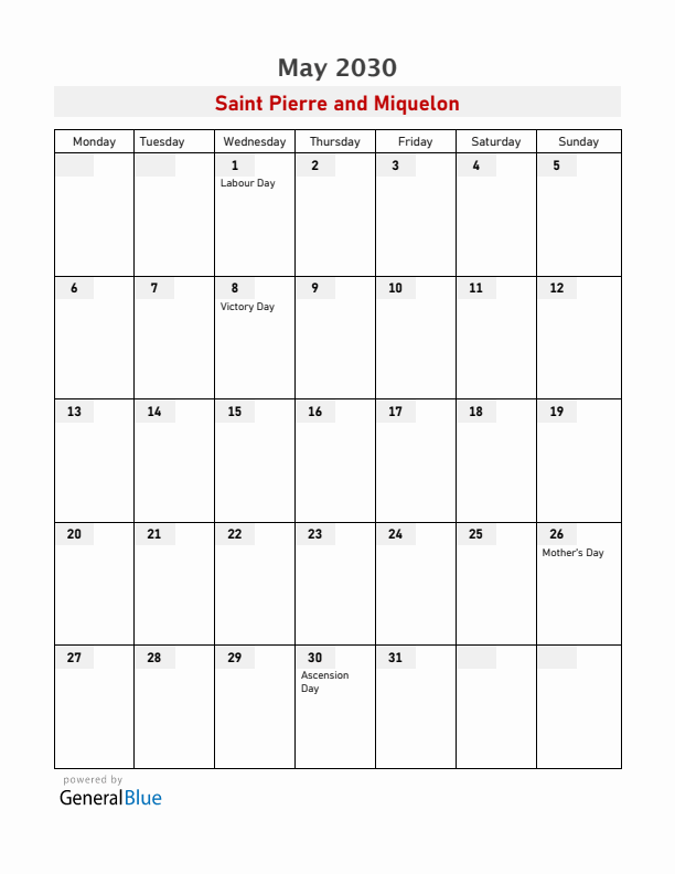 Saint Pierre and Miquelon May 2030 Calendar with Holidays