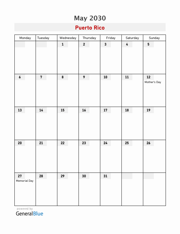 Puerto Rico May 2030 Calendar with Holidays