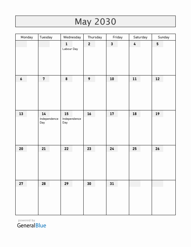 Paraguay May 2030 Calendar with Holidays