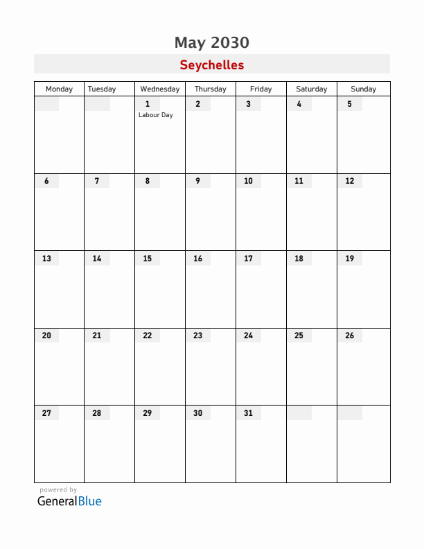 Seychelles May 2030 Calendar with Holidays