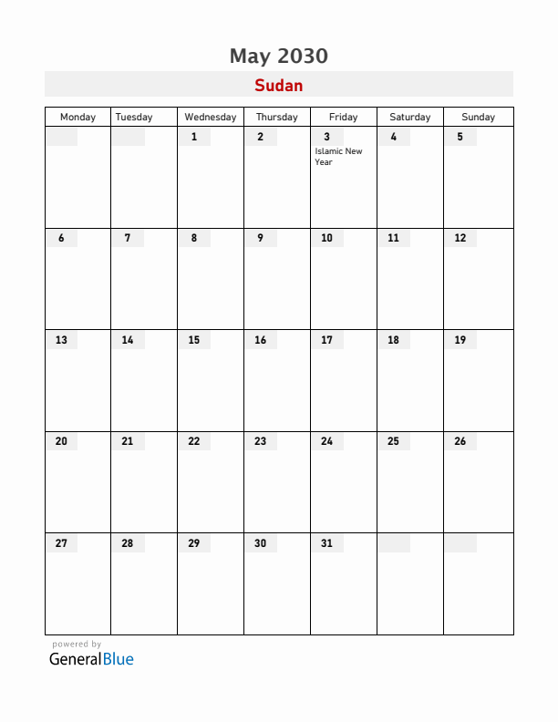 Sudan May 2030 Calendar with Holidays