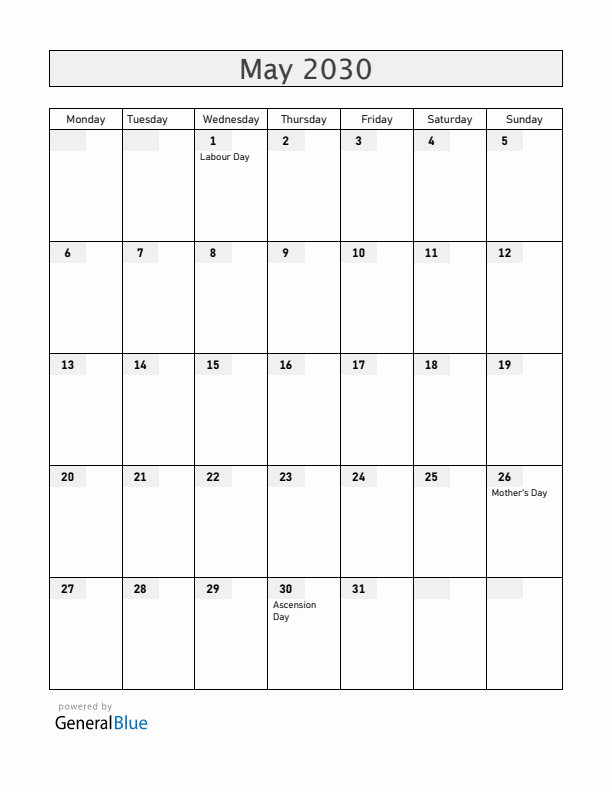 Sweden May 2030 Calendar with Holidays