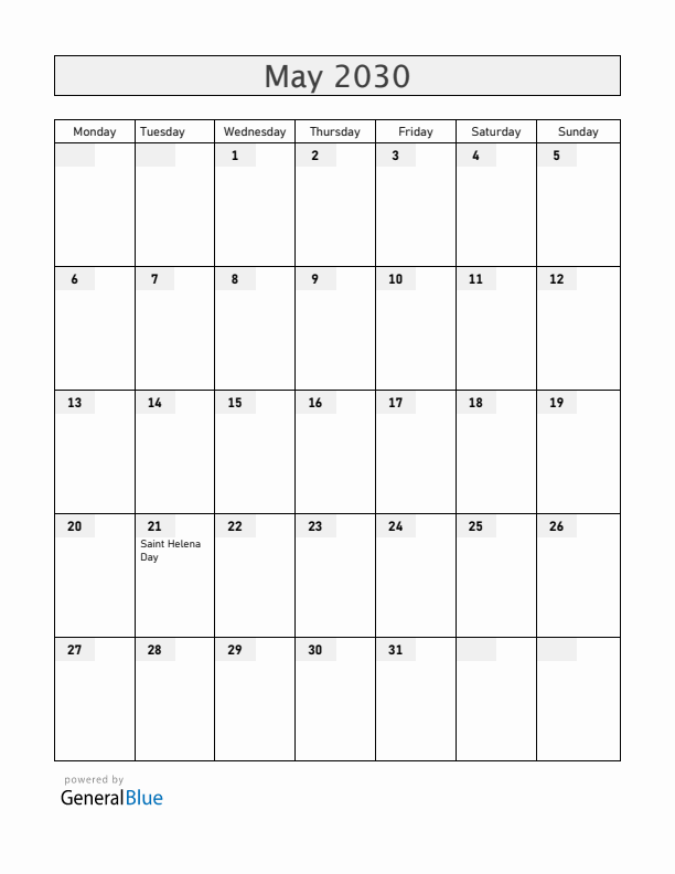 Saint Helena May 2030 Calendar with Holidays