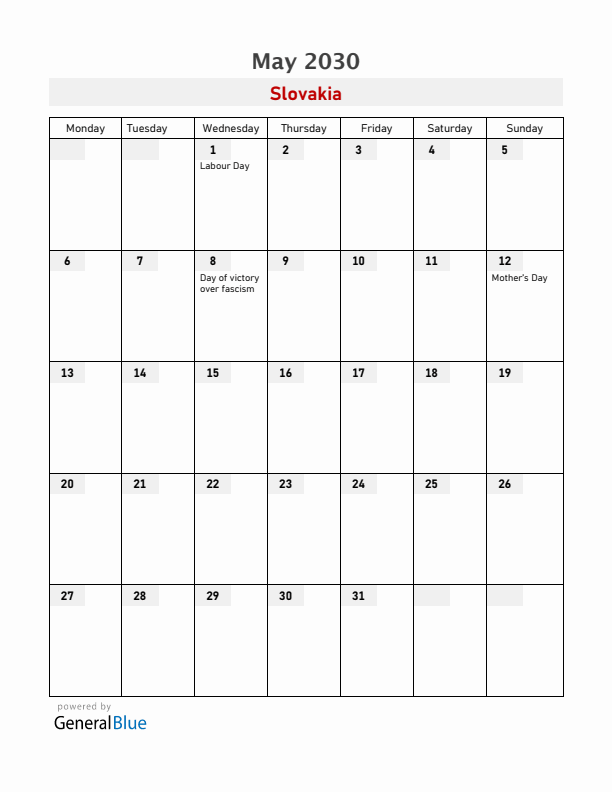 Slovakia May 2030 Calendar with Holidays