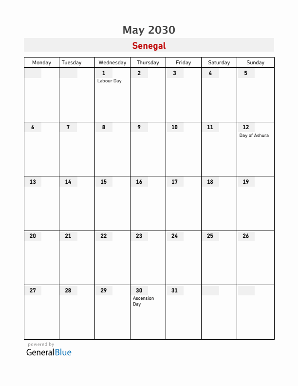 Senegal May 2030 Calendar with Holidays