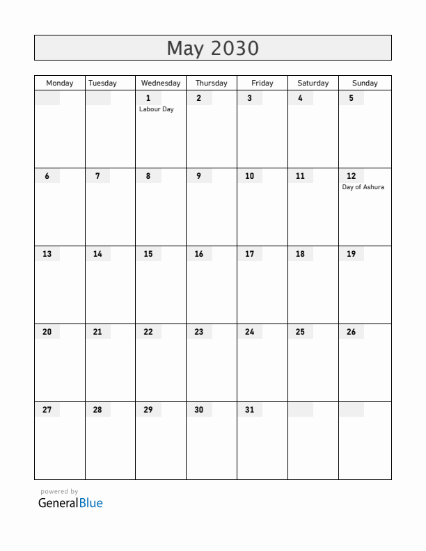 Somalia May 2030 Calendar with Holidays