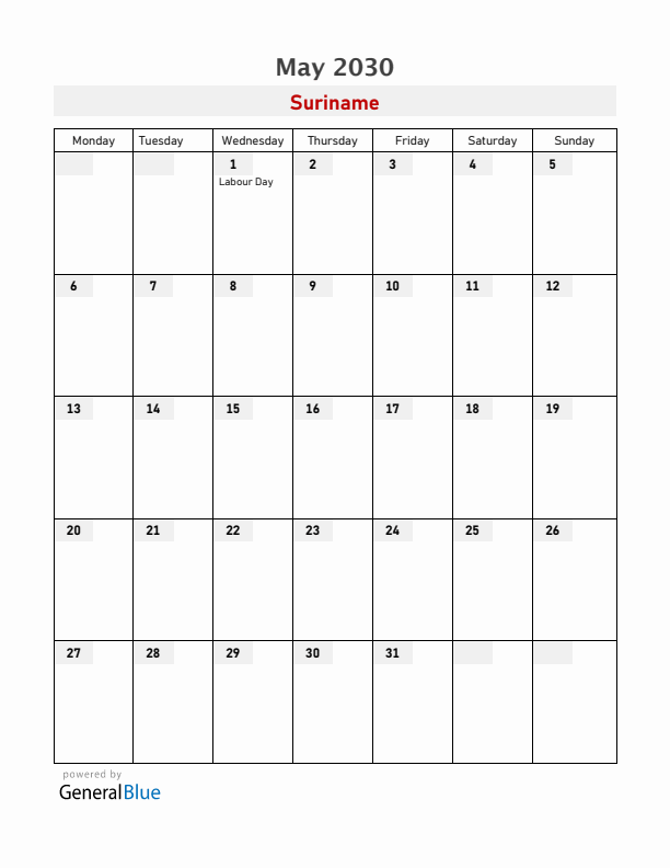 Suriname May 2030 Calendar with Holidays