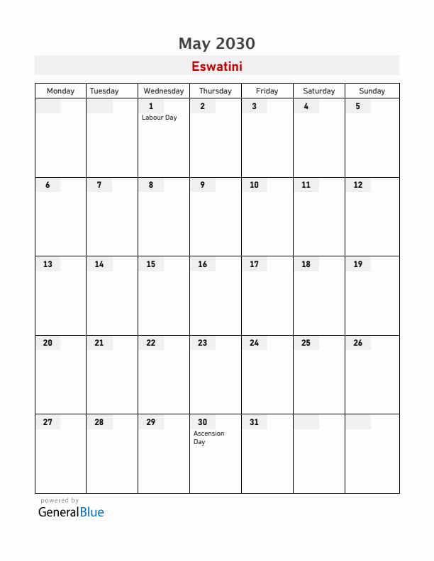 Eswatini May 2030 Calendar with Holidays