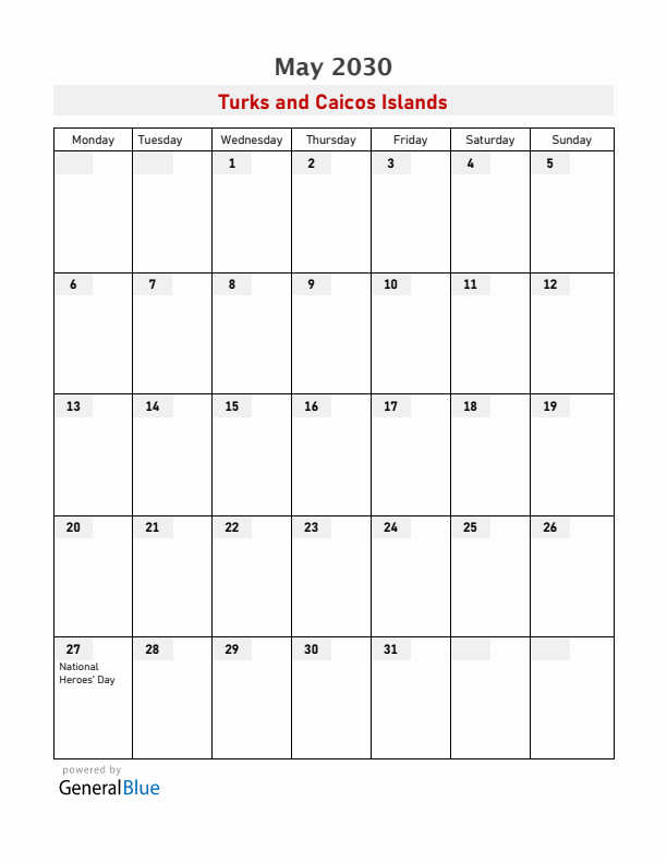 Turks and Caicos Islands May 2030 Calendar with Holidays