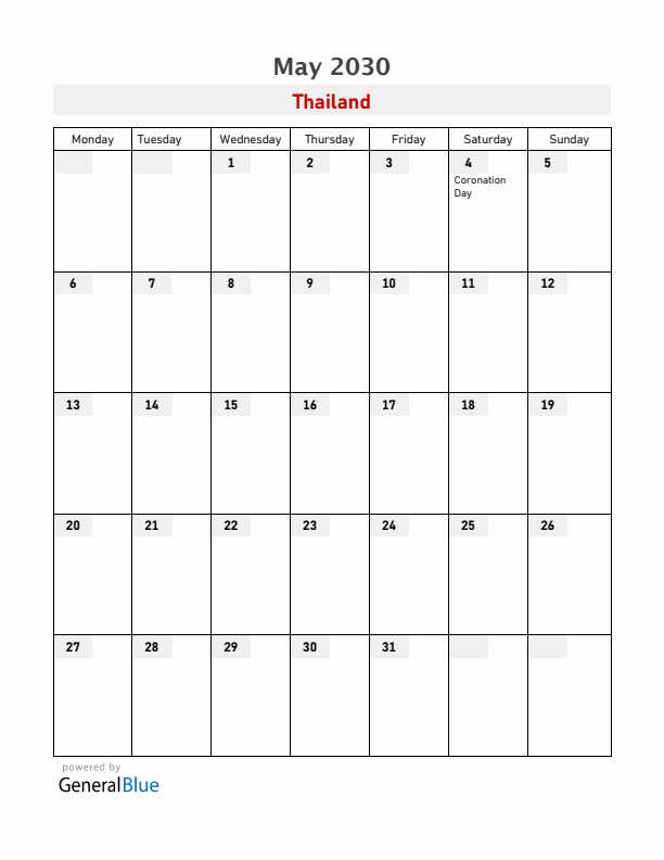 Thailand May 2030 Calendar with Holidays