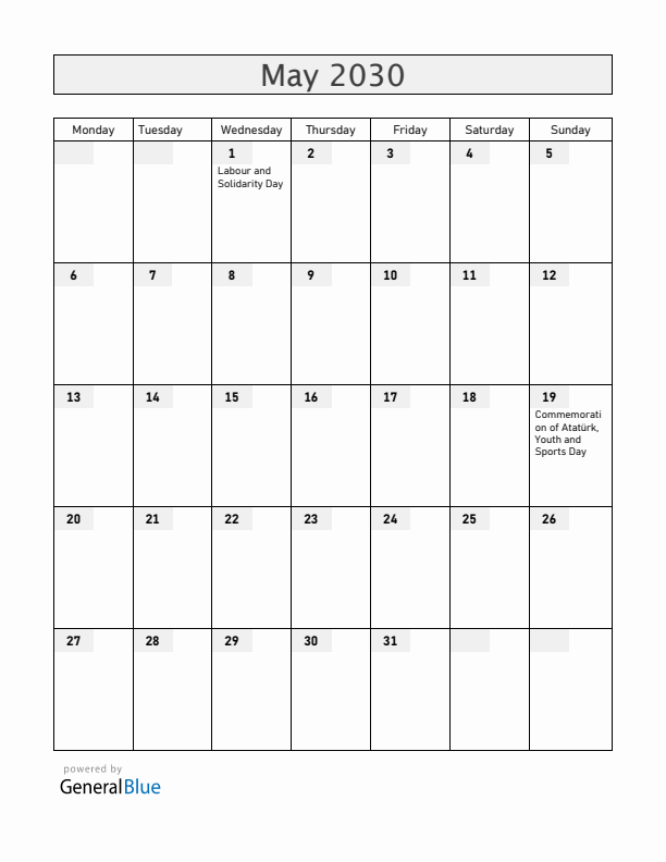 Turkey May 2030 Calendar with Holidays