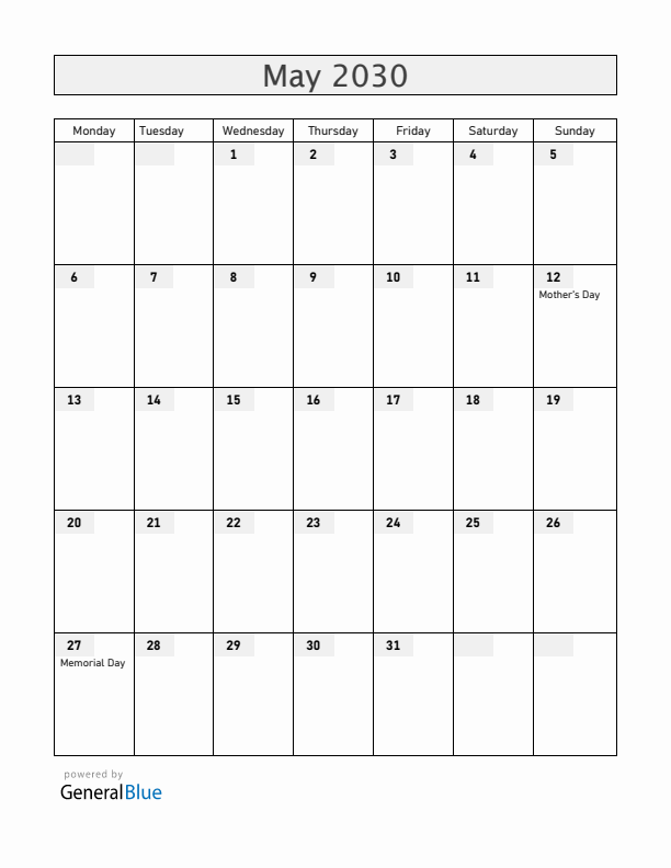 United States May 2030 Calendar with Holidays