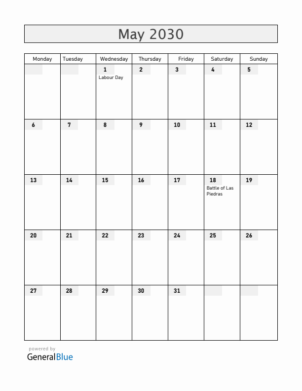 Uruguay May 2030 Calendar with Holidays