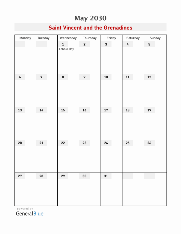 Saint Vincent and the Grenadines May 2030 Calendar with Holidays