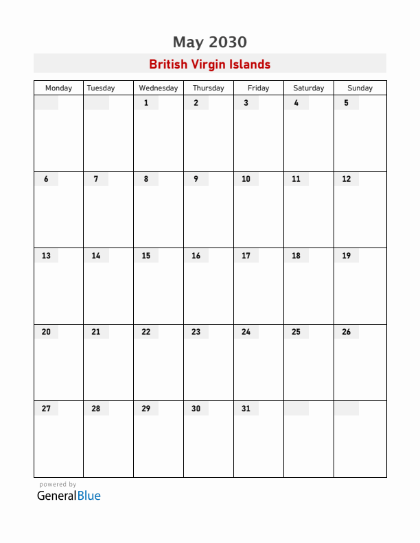 British Virgin Islands May 2030 Calendar with Holidays