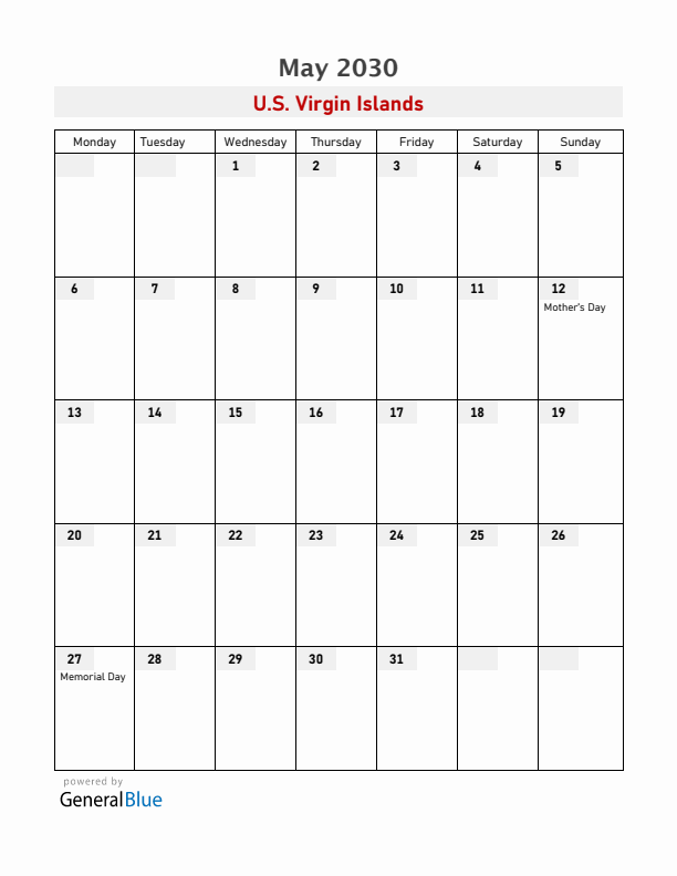 U.S. Virgin Islands May 2030 Calendar with Holidays