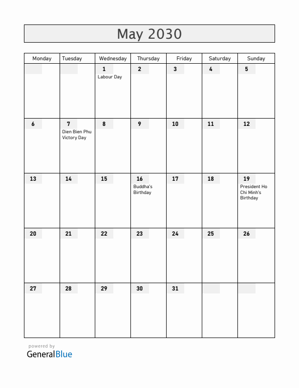 Vietnam May 2030 Calendar with Holidays