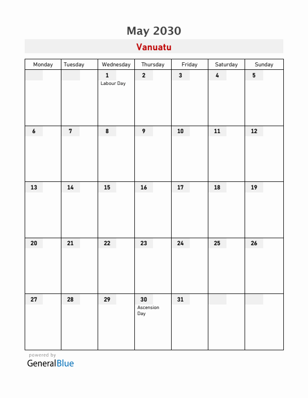 Vanuatu May 2030 Calendar with Holidays