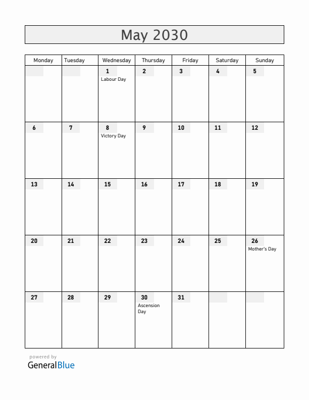 Mayotte May 2030 Calendar with Holidays