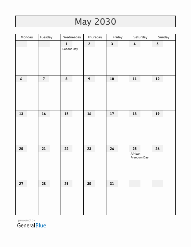 Zambia May 2030 Calendar with Holidays