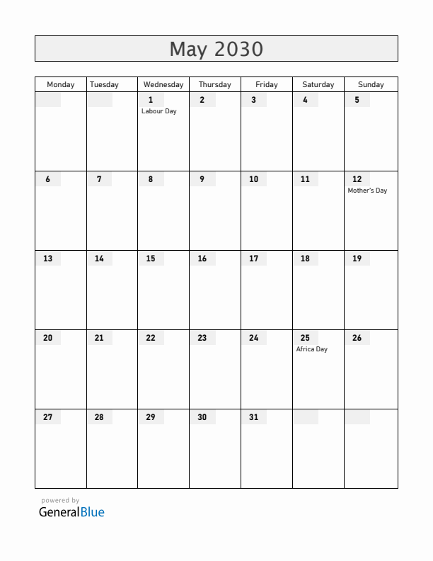 Zimbabwe May 2030 Calendar with Holidays