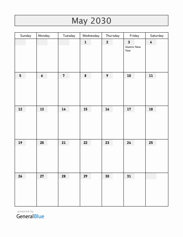 United Arab Emirates May 2030 Calendar with Holidays