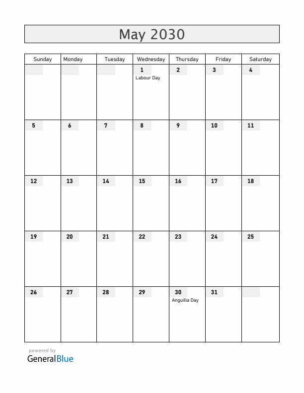 Anguilla May 2030 Calendar with Holidays