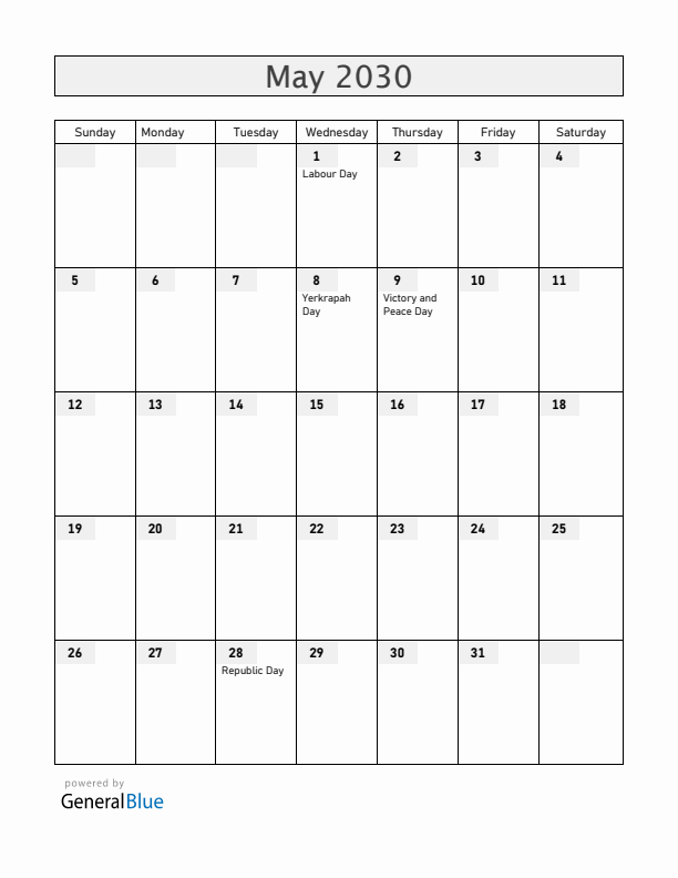 Armenia May 2030 Calendar with Holidays