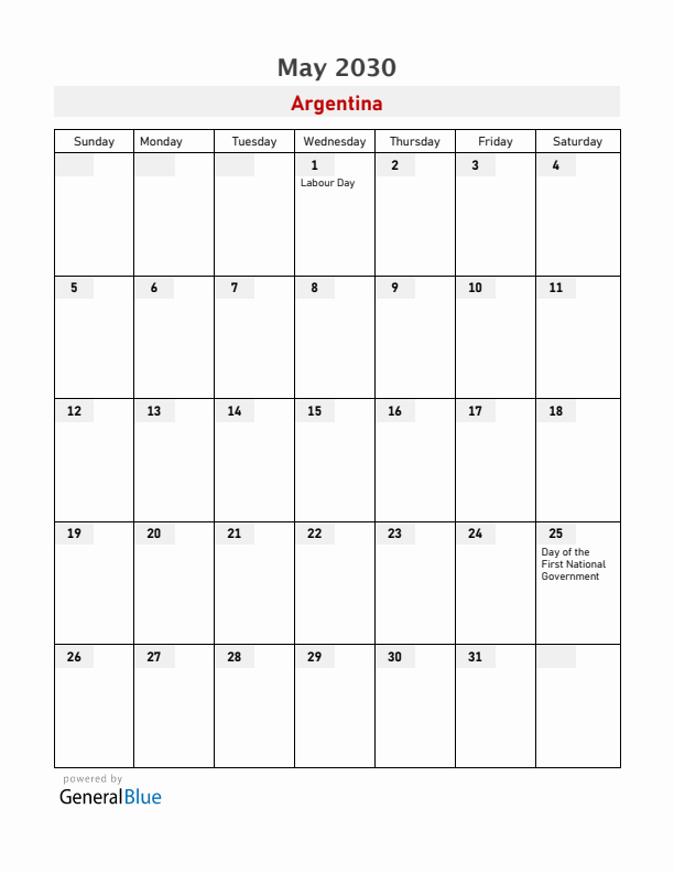 Argentina May 2030 Calendar with Holidays