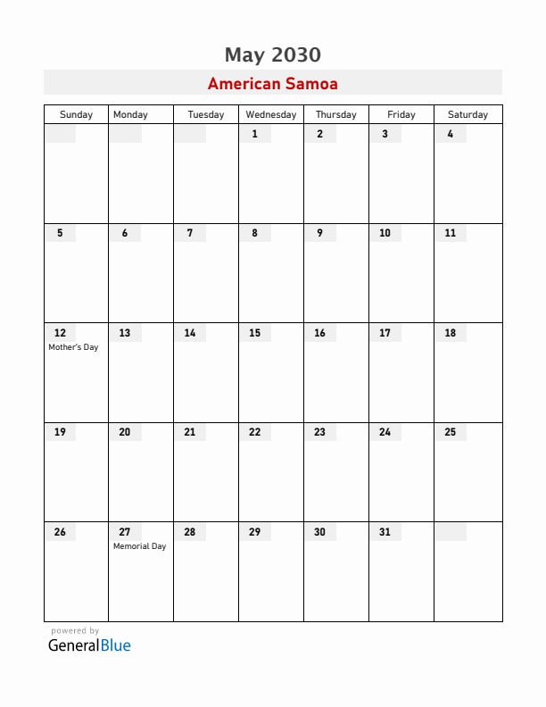American Samoa May 2030 Calendar with Holidays